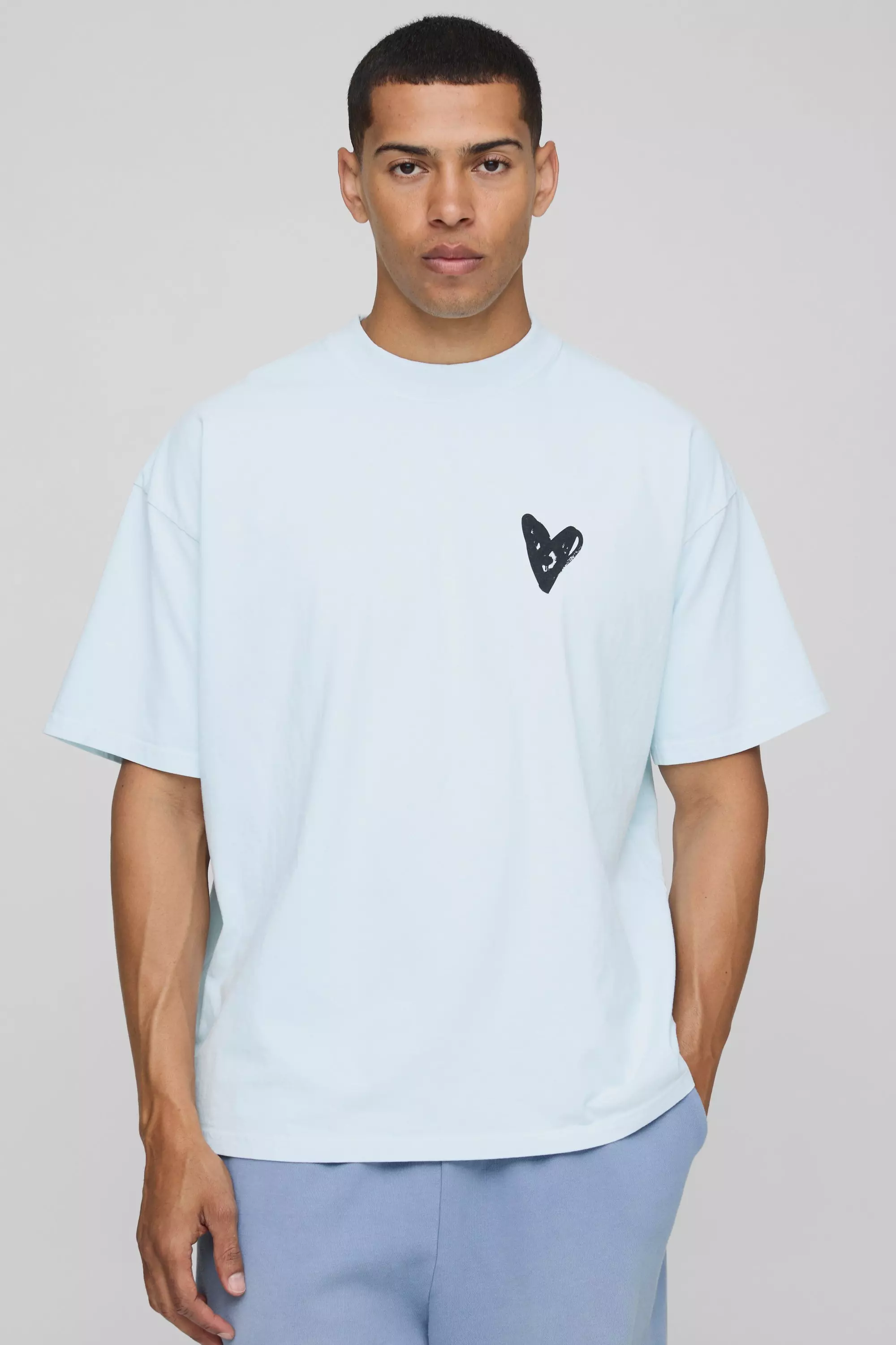 Light Blue Oversized Extended Neck Graffiti Heart Washed
